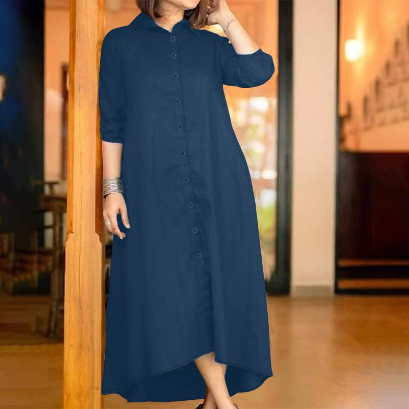 

ZANZEA Женское свободное платье-рубашка с отложным воротником, повседневное, с длинным рукавом, на пуговицах S тёмно-синий