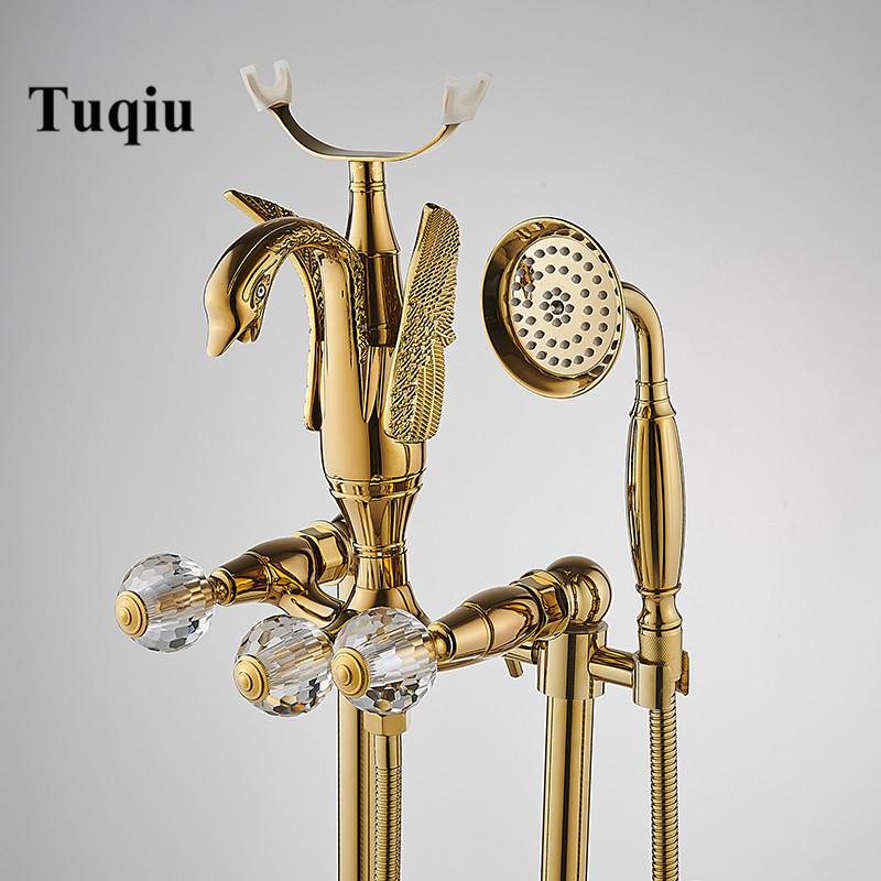 Tuqiu Gold Bathroom Bathtub Faucet Handheld Shower Free Standing Black Oil Brushed Swan BathTub Mixer Taps Floor Mounted