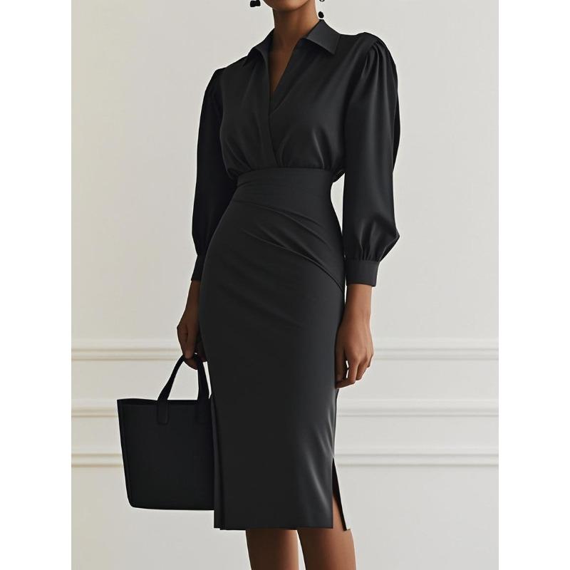 women s Collared V Neck Puff Long Sleeve Ruched Dress Elegant Split Midi Bodycon Dress S чёрный
