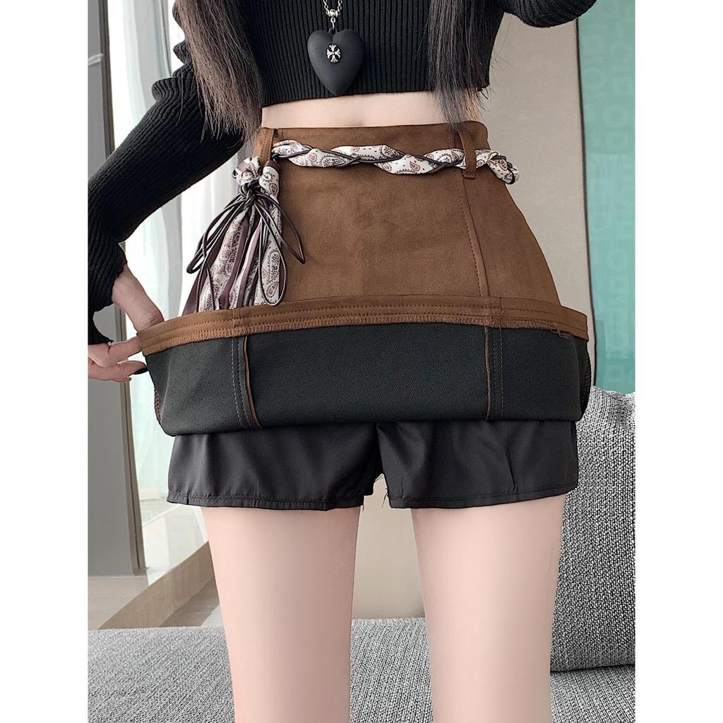 Plus Size Brown Suede A-line High-Waisted Skirt for Women - Slimming, Hip-Hugging Short Skirt for Spring and Autumn