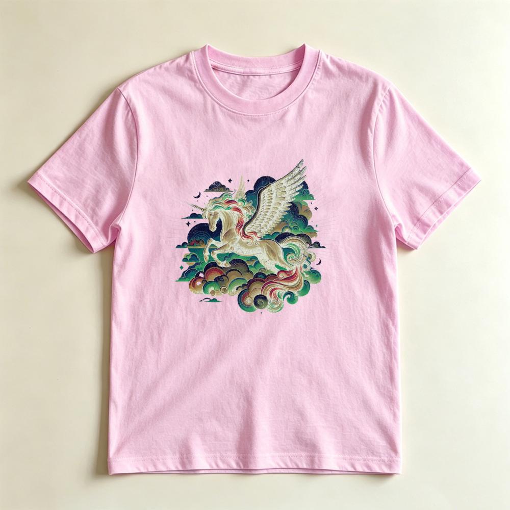 Retro Magical Pegasus Unicorn TShirt Fantasy Winged Horse In Clouds Graphic Tee Whimsical Mythical Creature Casual Unisex Shirt S
