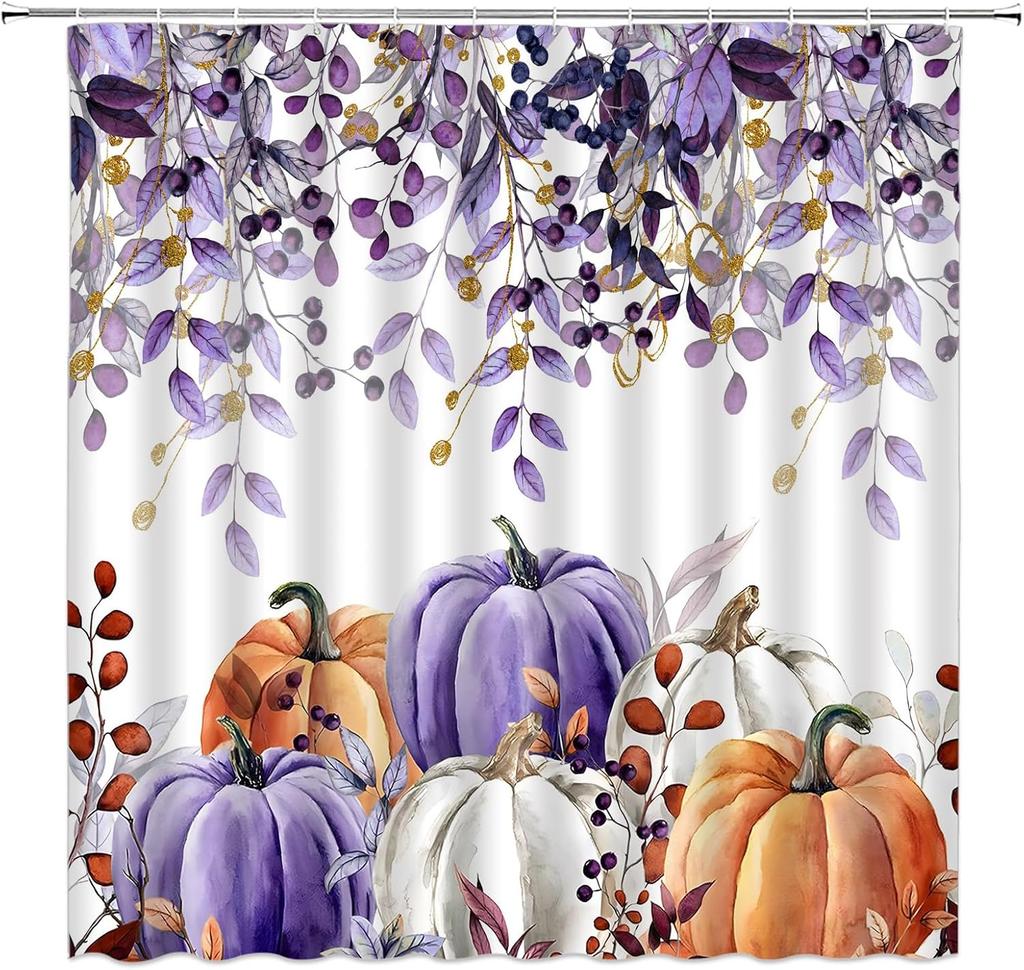 Dzięki dyniom na Święto Dziękczynienia Zasłona prysznicowa Akwarelowe liście Kolorowa dynia Żniwa Jesień Jesień Tkanina Dekoracyjne zasłony łazienkowe