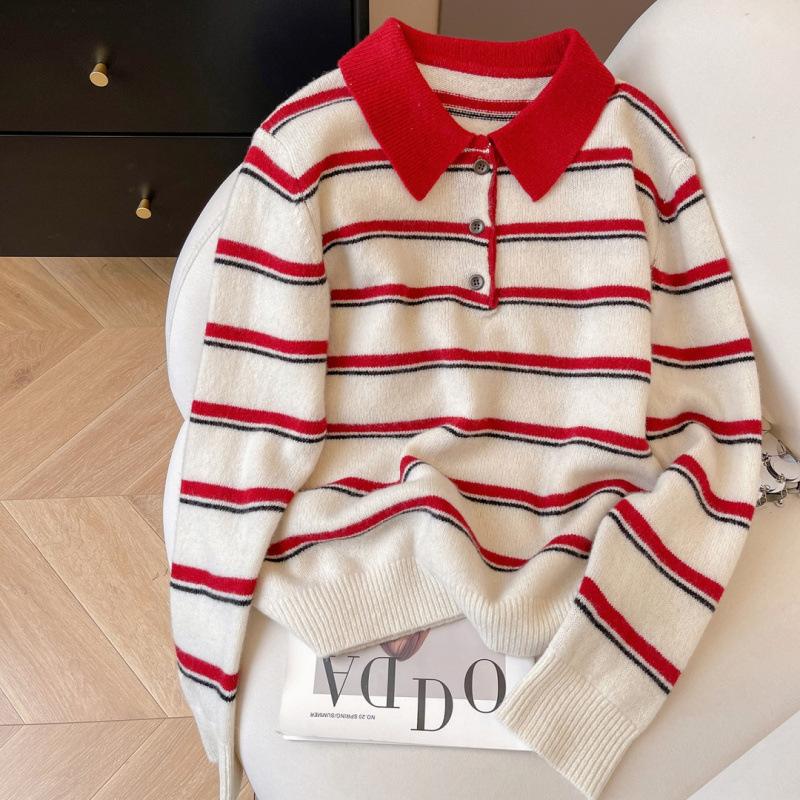 

Retro color striped knitted sweater women s autumn and winter new contrasting colors and thin age-reducing long-sleeved sweater top One Size