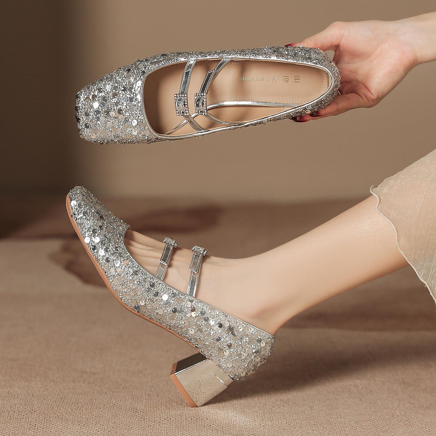 

H923-1 туфли на высоком каблуке женские летние туфли высокого класса женские новые односторонние туфли Мэри Джейн с бисером серебристого цвета красивые женские одинарные туфли 40