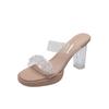French Rhinestone Transparent Crystal Heel Sandals Women's Summer Word Belt High Sense Thick Heel Slippers High Heels Wear Sandals