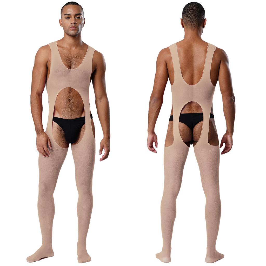 Mens See Through Sheer Jumpsuit Sleeveless Hollow Out Opening Crotch Bodysuit