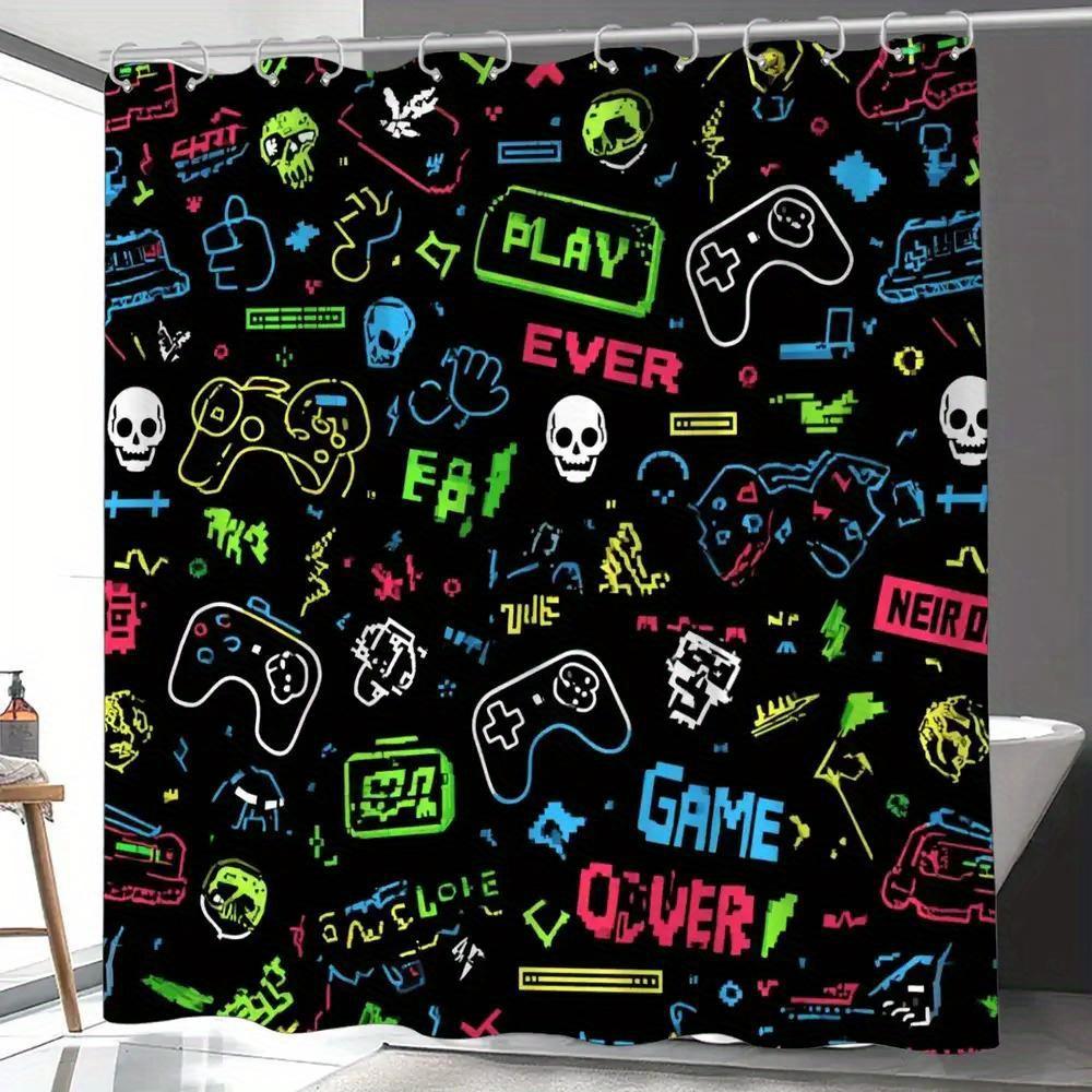 

Retro Pixel Gaming Shower Curtain – Controllers, Skulls & “Game Over”, 12 Hooks, 70.87×70.87 Geek Chic Bathroom Decor W60H190(CM)-1 Pcs
