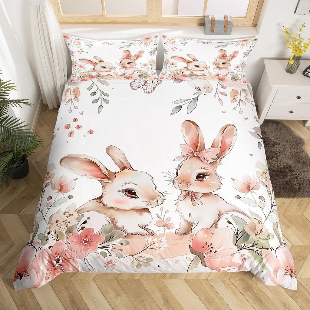 Easter Rose Rabbit Duvet Cover Cute Bunny Happy Easter Bedding Set Full for Kids Boys GirlsRustic Flower Animal Comforter Cover