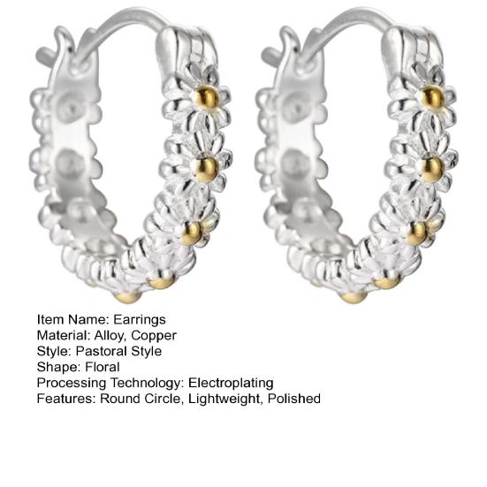 Yousheng 1 Pair Women Huggie Earrings Flower Decor Smooth Polished Alloy Copper Retro Pastoral Style Round Circle Lady Earrings