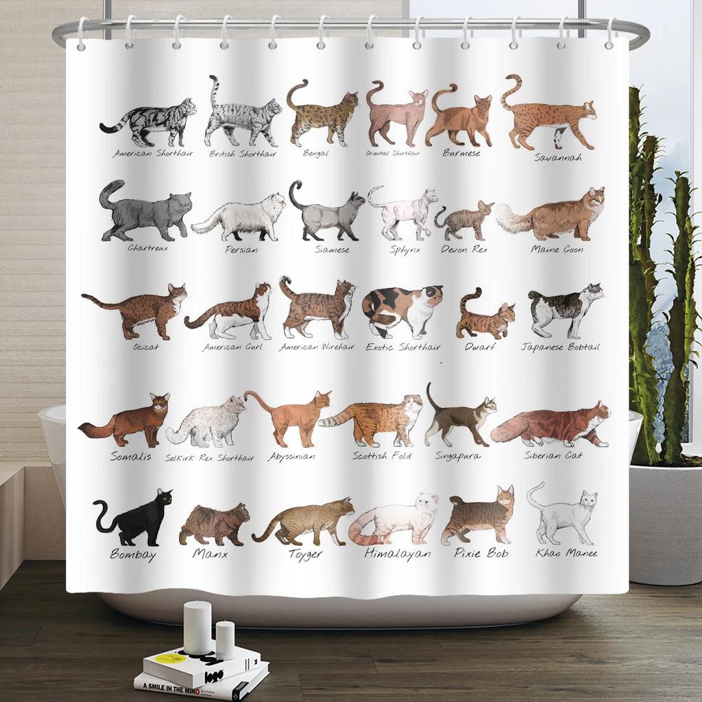 Kreskówkowy Kot Zasłona Prysznicowa Zabawne Zwierzę Słodki Kot Pies Dzieci Nadruk Wodoodporna Kąpiel Łazienka Zasłony Prysznicowe Dekoracja z Haczykami