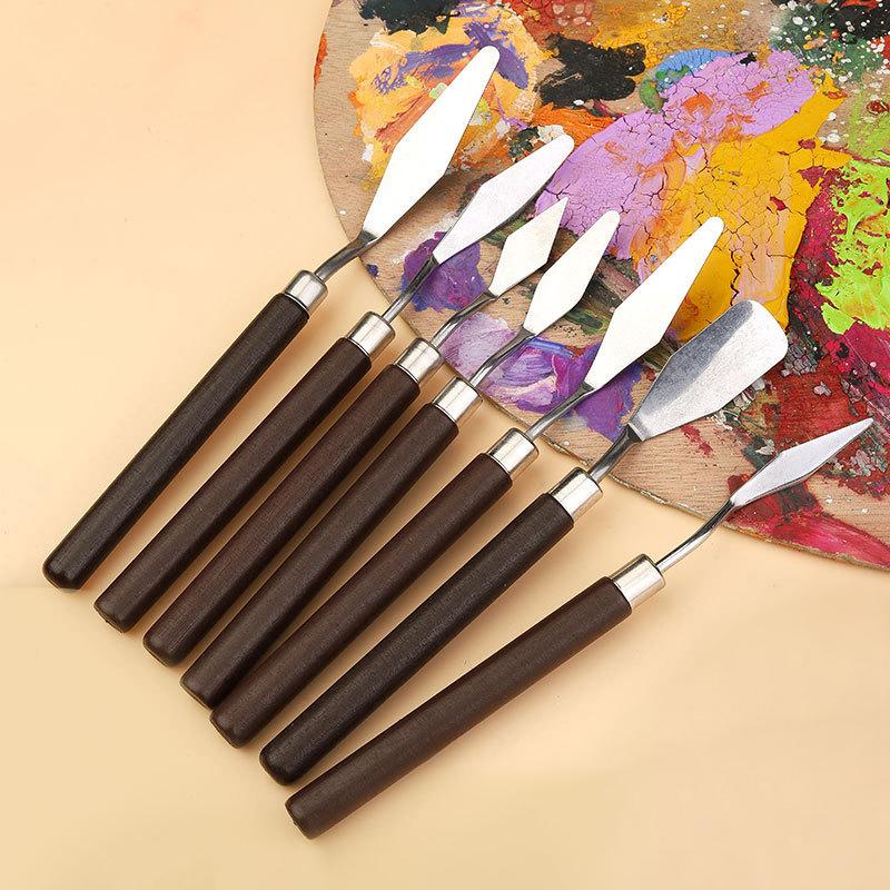 7PCS Watercolor Mixed Art Oil Painting Scraper Set Wood Stainless Steel Gouache Paint Pigment Mixing Knife Hand Tool