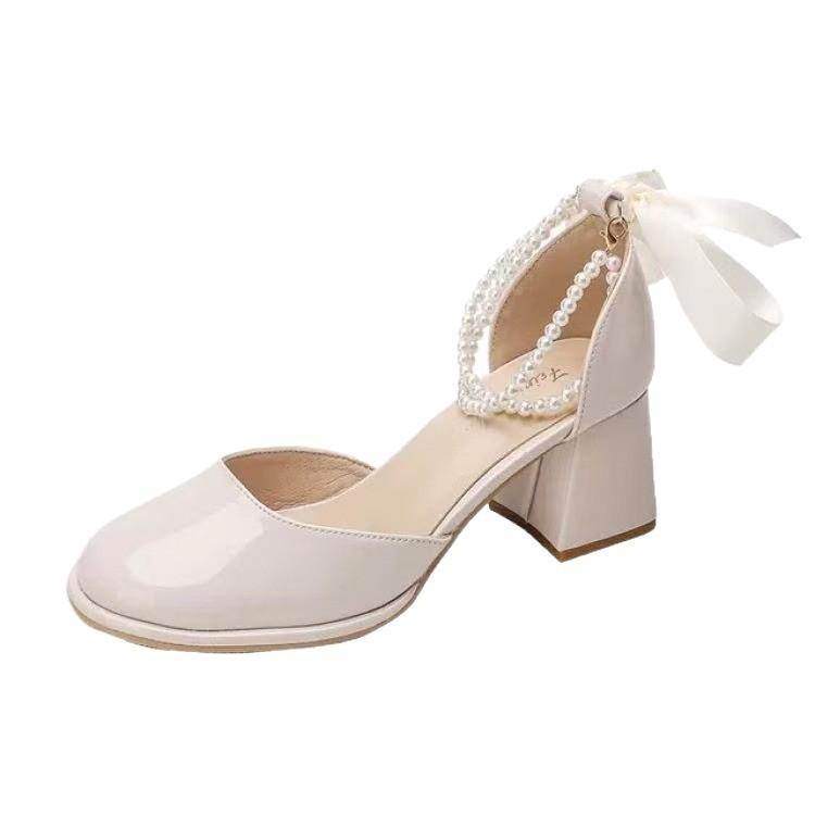 2025 summer new versatile round head thick heel bag head pearl bow light mouth hollow sweet Mary Jane shoes women