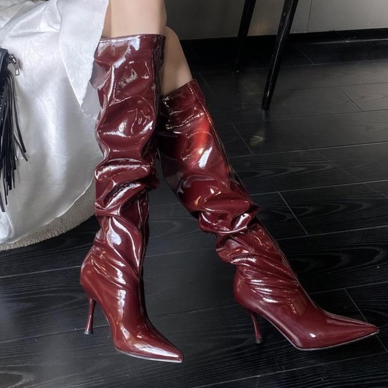 Fashion Fashion Pointed Toe Thin High Heels Boots Women Sexy Shiny Pleated Mid Calf Boots Woman Burgundy Black Pu Leather Botas Female