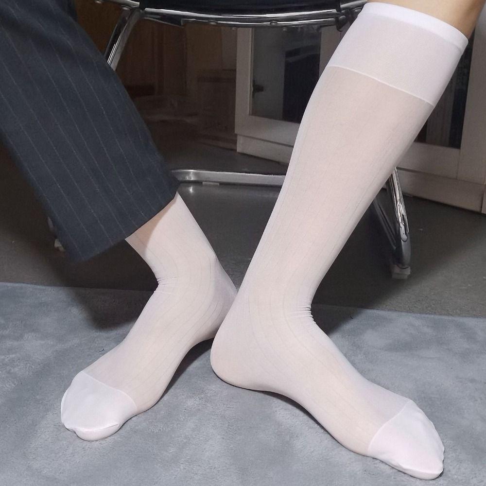 Translucent Men Thin Dress Tube Socks Middle Tube Wide Striped Silk Socks Summer