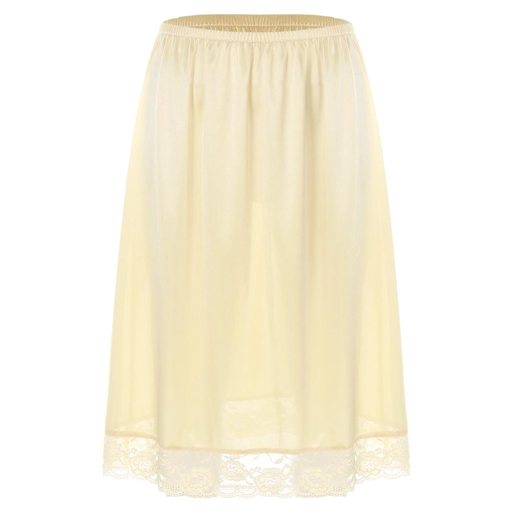 Women Stylish Clothing Elastic Waistband Lace Hem Skirt Thin Silk Satin Solid Color Inner Skirt