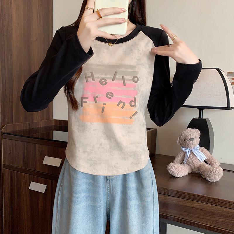 2026 Spring Plus Size Women's Tie-Dye Patchwork Slim Fit Base Layer Top with Slimming Regular Shoulders