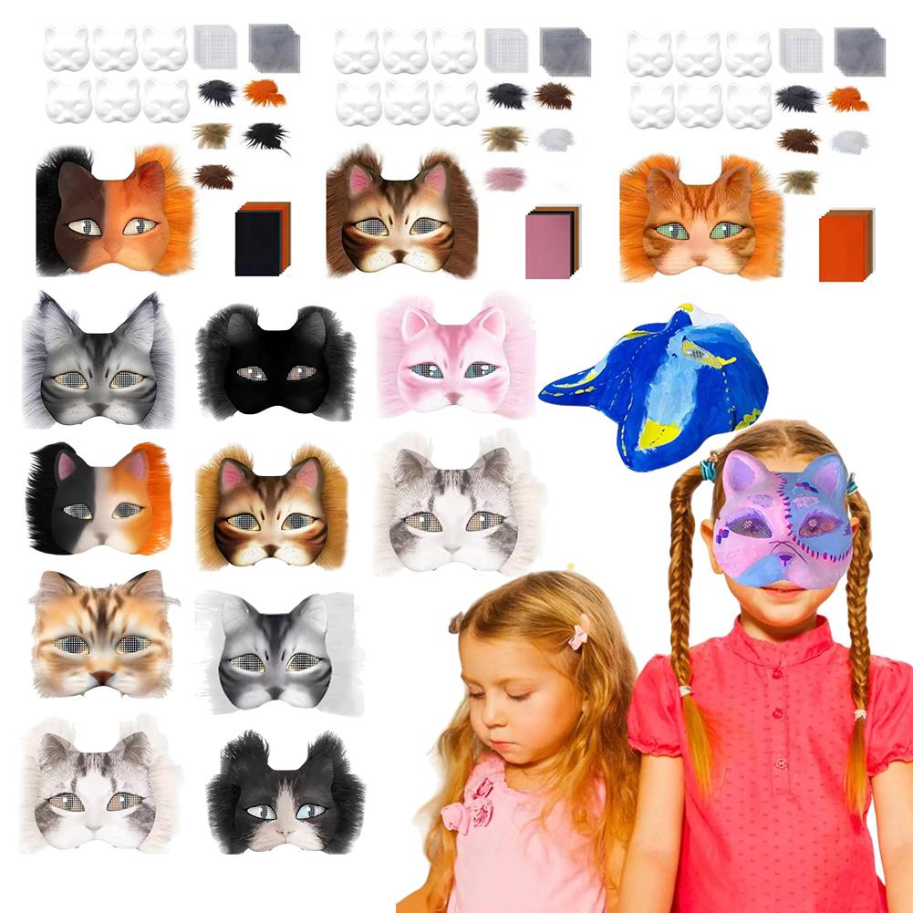 Bastelpapier-Therian-Masken Weiße Katzenmasken Leere Bastel-Halloween-Masken Tier-Halbmasken Maskenball Cosplay Party Weihnachtsgeschenke
