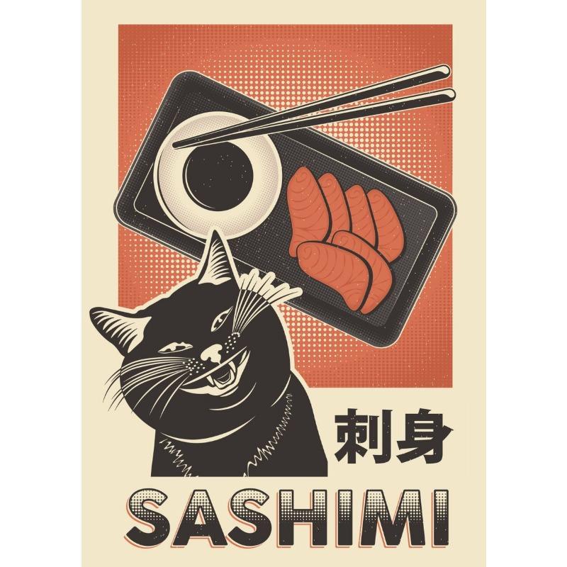 Japanisches Essen Sushi Ramen Sashimi Teriyaki Lustiges Schwarze Katze Poster Niedliches Tier Köstlich Leinwandgemälde Wandkunst Küchendekor