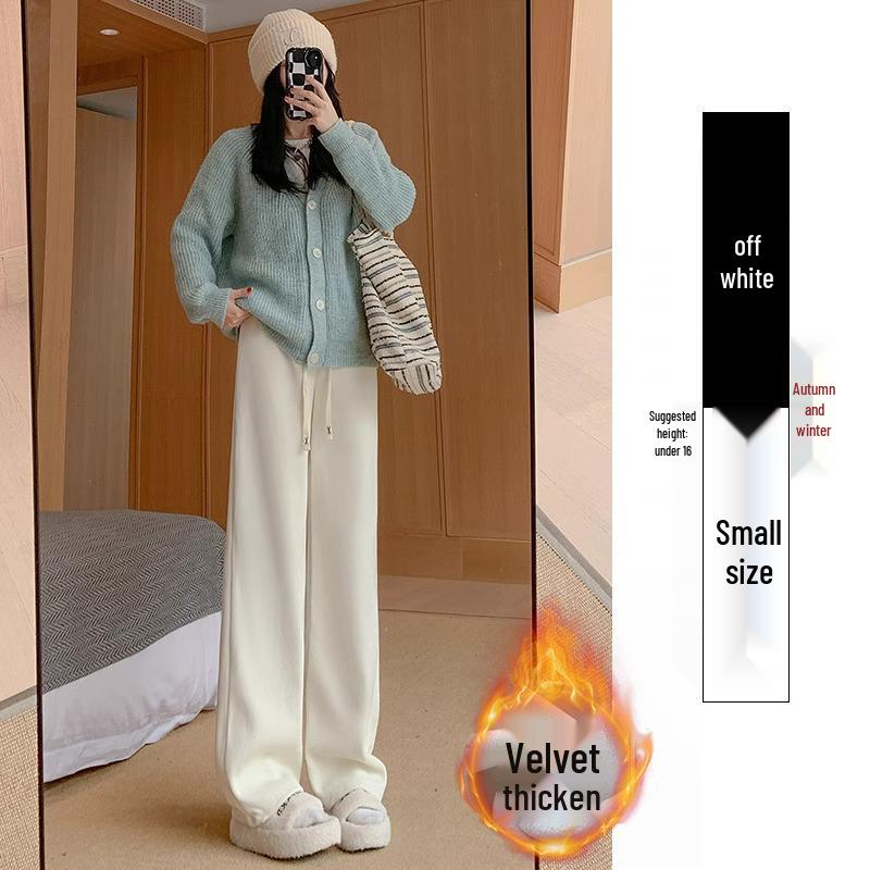 Women's High-Waisted Black Fleece-Lined Floor-Length Pants - 145cm, Straight-Leg/Narrow/Wide-Leg, Autumn/Winter, Petite 150