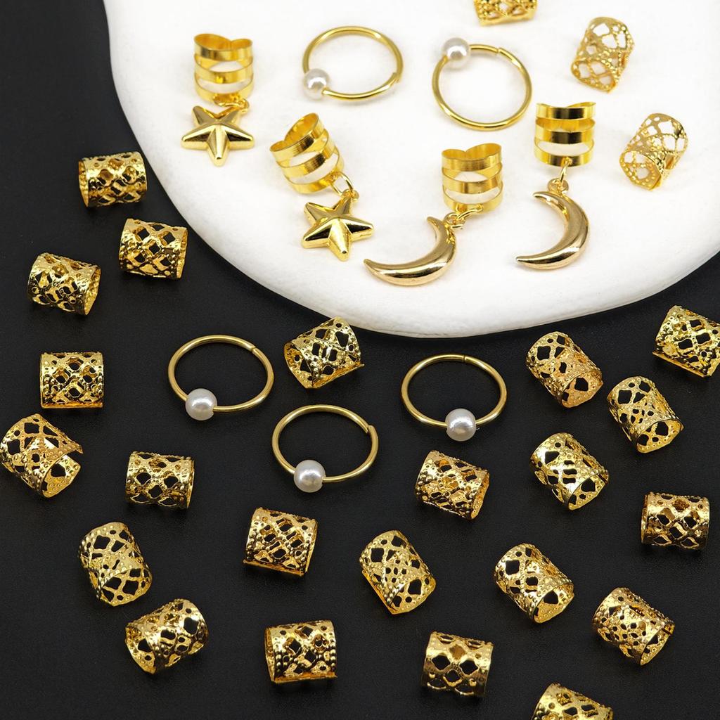 34-Piece Star & Moon Dreadlock Hair Beads Set - 25 Personalized Hair Rings & Extensions