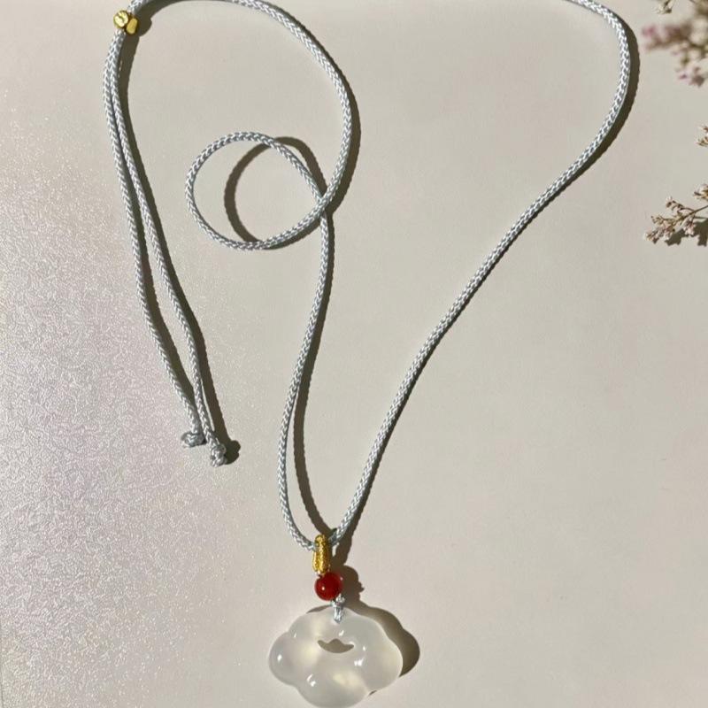 Natural White Ice Jade Chalcedony Agate Cloud Ruyi Peace Lock Pendant Necklace - Ancient Style Light Luxury for Couples