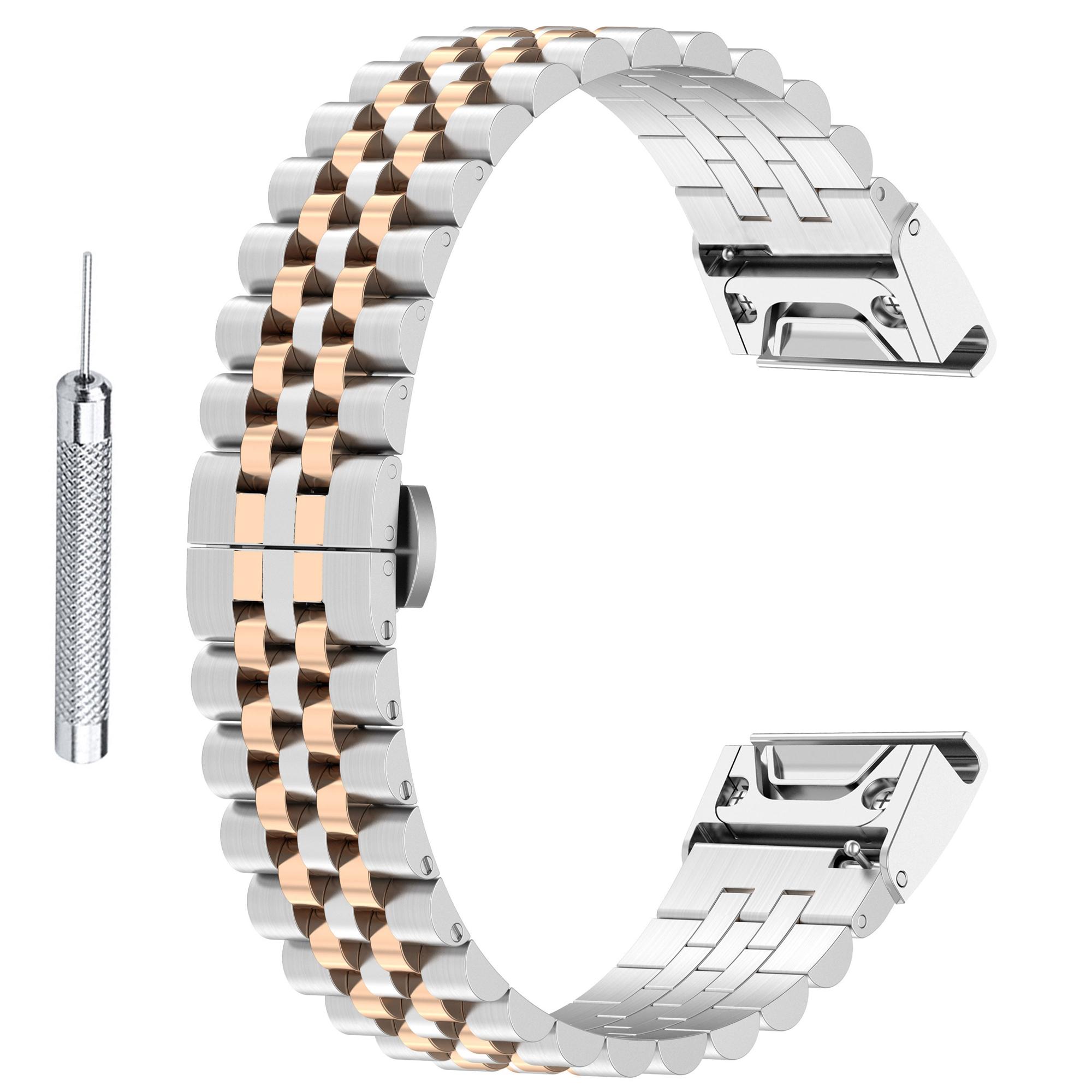 

For Garmin Fenix 7X/6X/5X Stylish 5 Beads Stainless Steel Watch Strap Replacement Watchband with Tool Silver/Rose Gold B