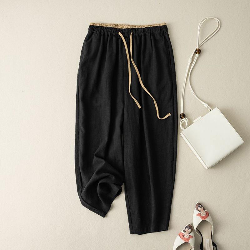 Women's Spring Summer Retro Elastic Drawstring Waist Casual Pants Cotton Linen Loose Harem Pants Basic Versatility Wide-leg Ankle-Length Pants