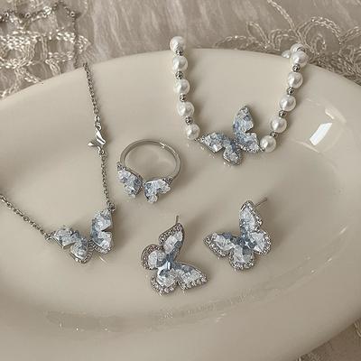 Blue Zircon Crystal Butterfly Necklace Bracelet Stud Earrings Ring Superfairy Personality Versatile Temperament Fashion Jewelry