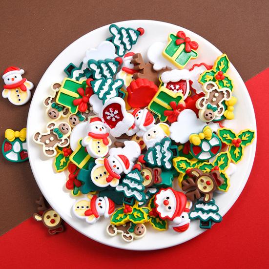

10Pcs Christmas Resin Cartoon Accessories Tree Santa Claus Christmas Flat Snowman Elk Ornament Back Cute Hairbow