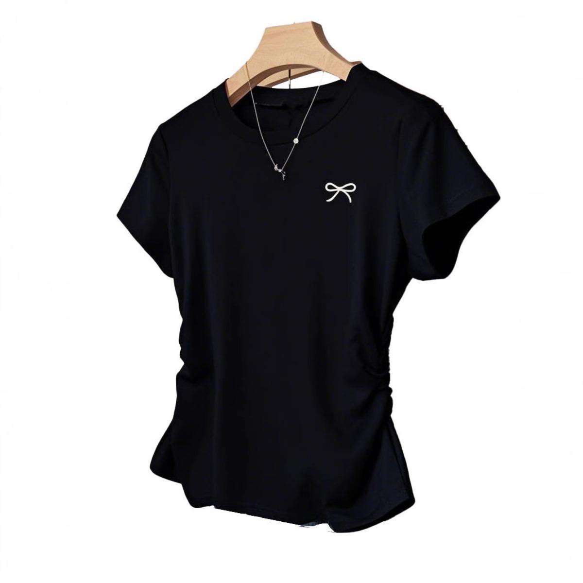 

Летняя новая футболка с короткими рукавами и открытыми плечами, универсальная корейская версия, облегающий топ больших размеров, слегка пышный, с утягивающим эффектом на талии и утягивающим эффектом S