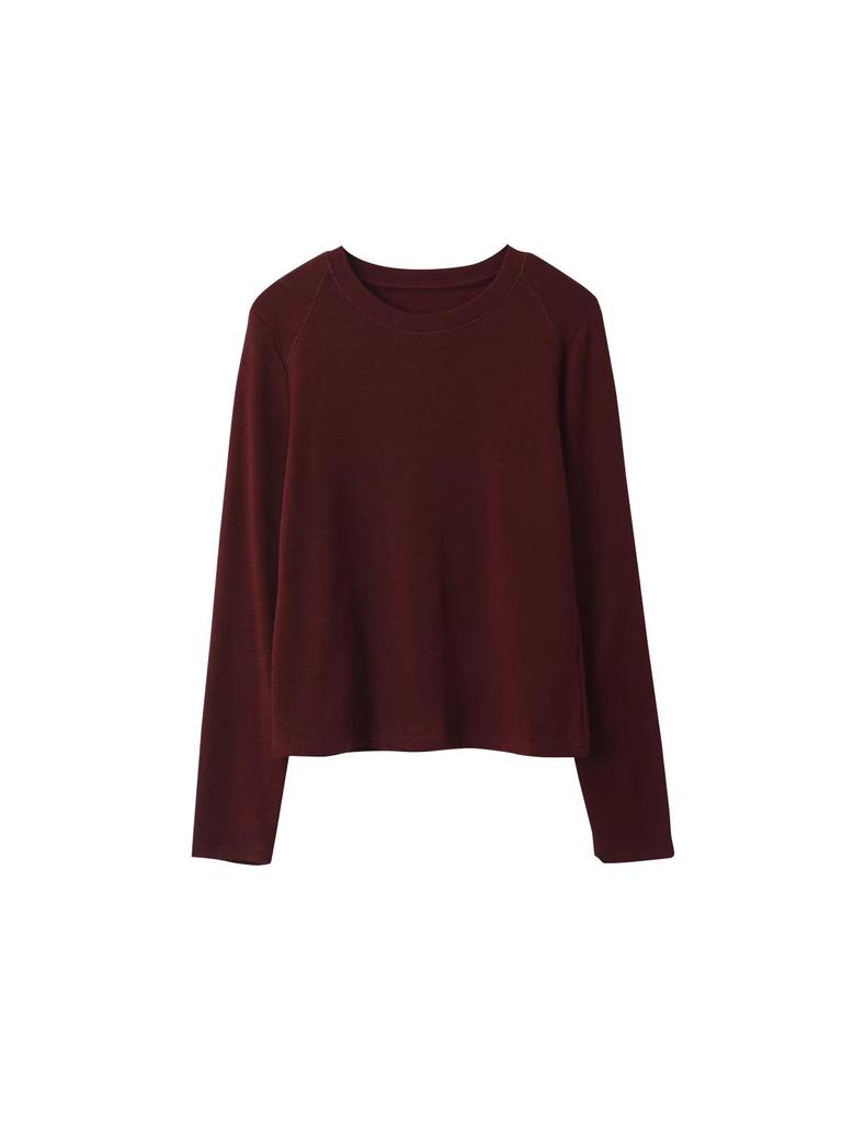 Solid Color Round Neck Long Sleeve Slim Fit Base Shirt for Women - Autumn/Winter 11096