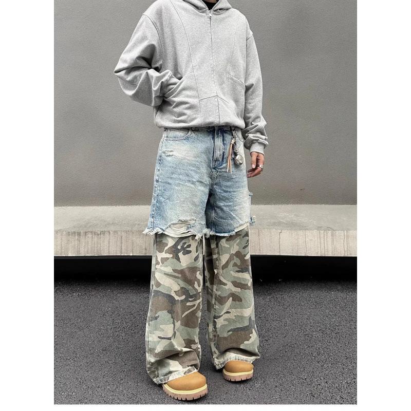 JYL Unisex Straight Jeans American Camo Patch Ripped New Slim Denim Pants XL детские порошок