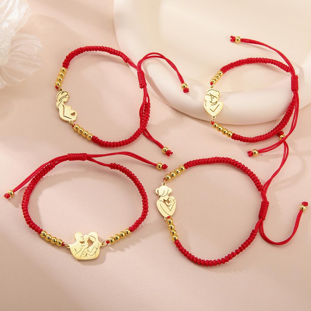 Stainless Steel Gold Color Baby Mom Family Charm Bracelet Red Black Rope Bracelets Fashion Jewelry for Women Mother's Day Gift