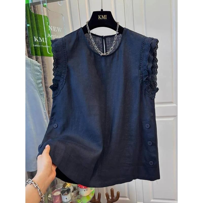 Women s Summer Sleeveless Blouse Lace Ruffle Trim Round Neck Casual Button Shirt for Ladies M