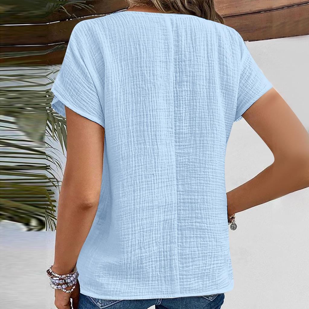 Women's Shirt Solid Color Slim  Fitting V-neck Button Cardigan Short-sleeved Top
