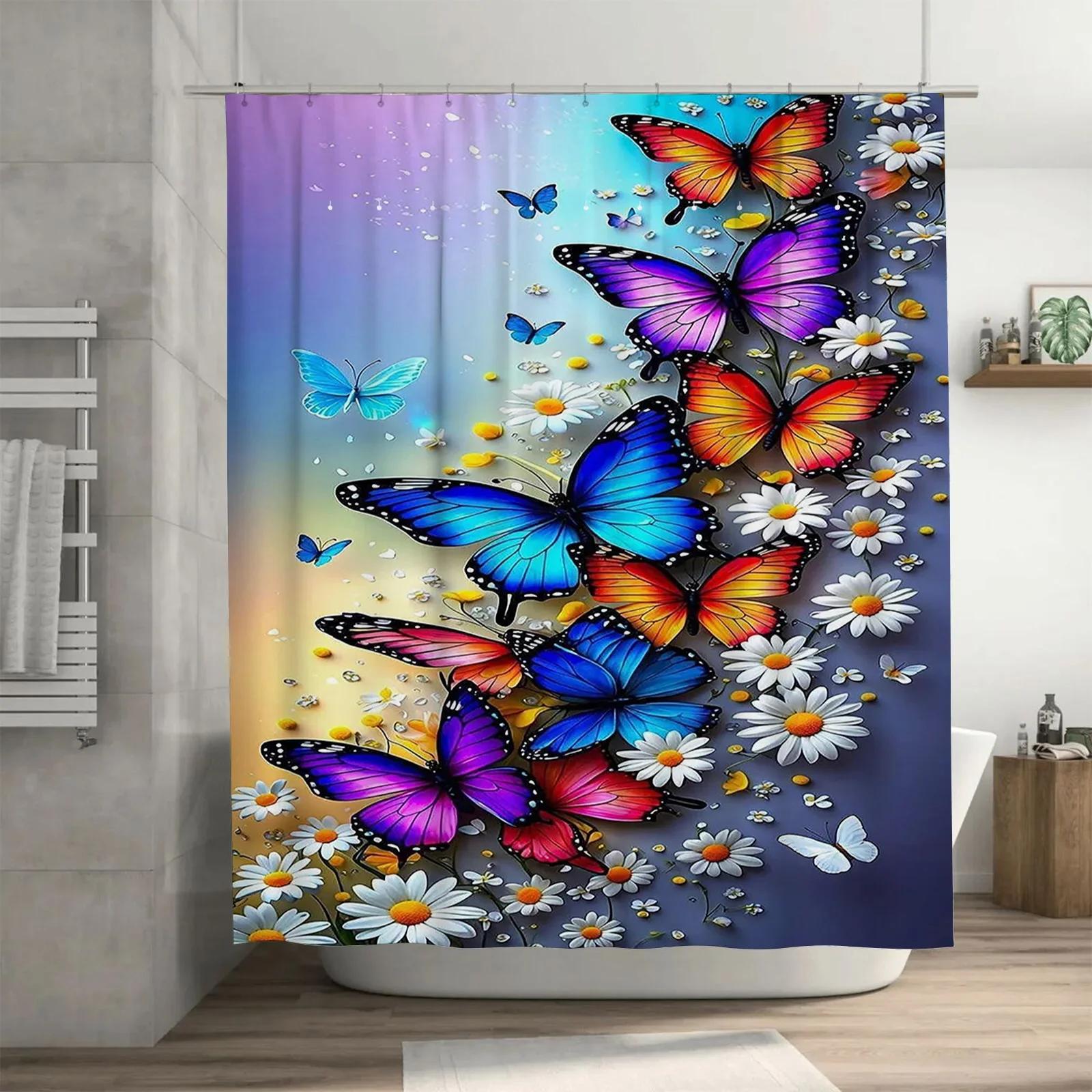 Красочные бабочки и ромашки Водонепроницаемая шторка для душа Термостойкая Машинная стирка Непрозрачная 180x180см W90xH180cm