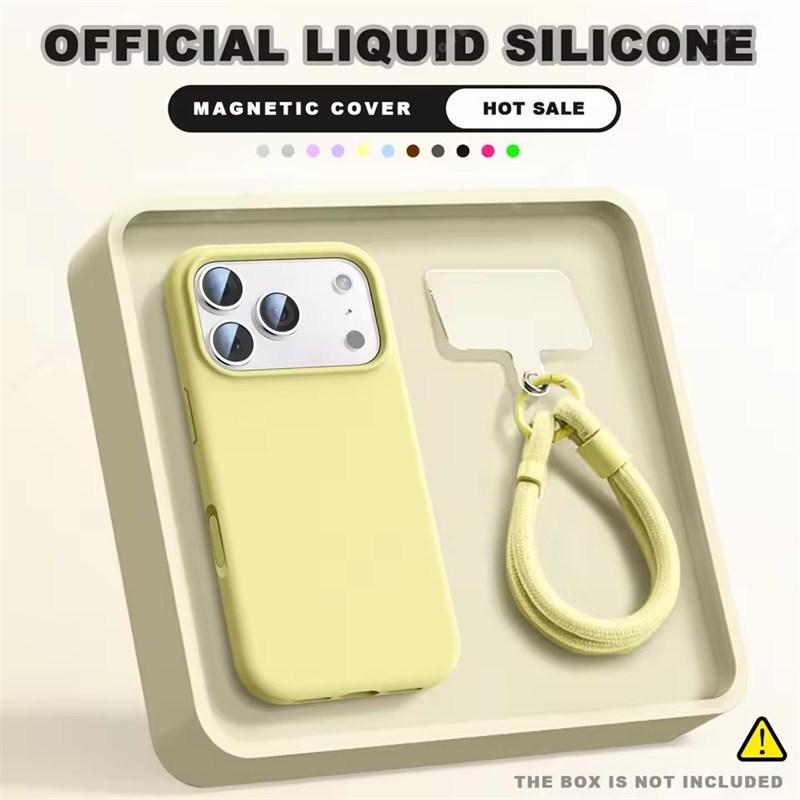 Wrist Strap Magnetic Phone Case For iPhone 16E 14 15 Plus 12 13 16 17 Pro Max Air Magsafe Liquid Silicone Lanyard Cover