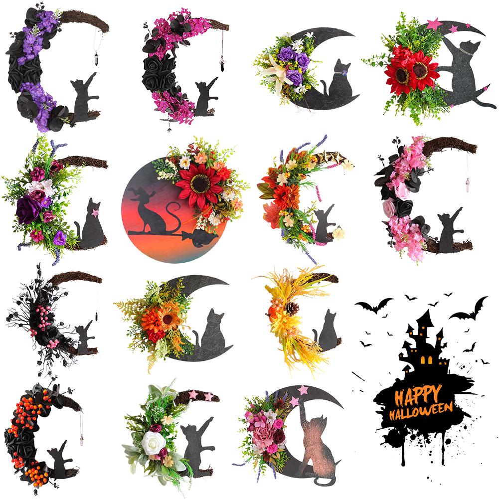 30CM Gothic Wreath Door Decoration Handmade Artificial Moon Cat Garland Goth Roses Black Cats Garland for Home Party Window Wall