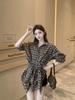 Spicy Girl HK Style Plaid Tie-Waist Long-Sleeve Shirt for Women - Versatile Loose Mid-Length Top for Early Autumn 2025
