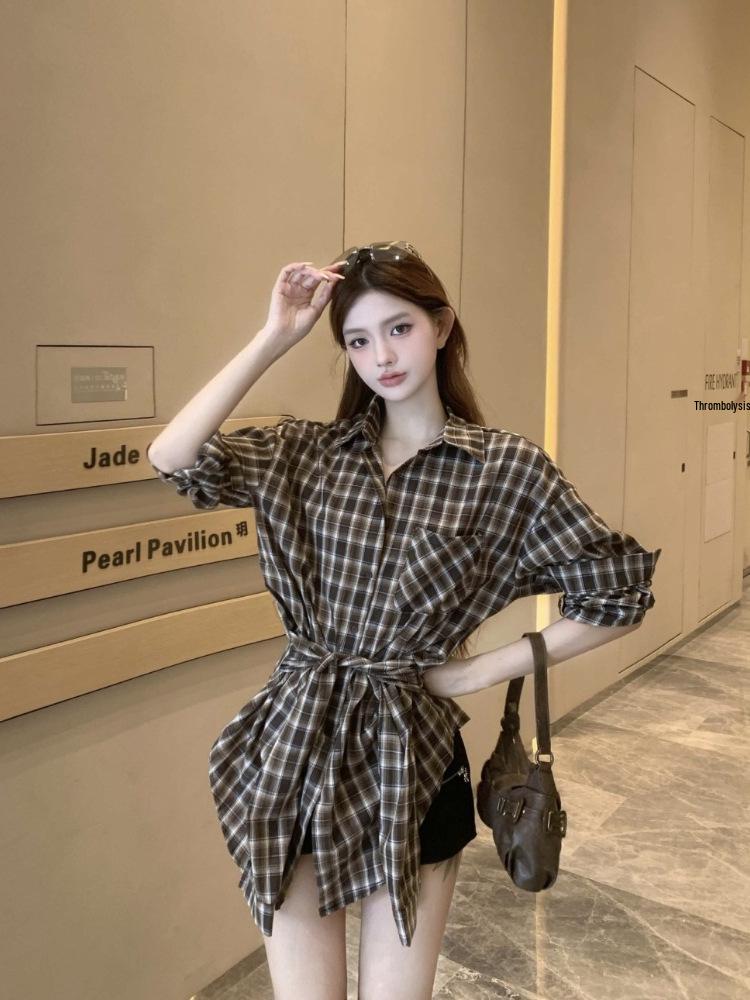 Spicy Girl HK Style Plaid Tie-Waist Long-Sleeve Shirt for Women - Versatile Loose Mid-Length Top for Early Autumn 2025