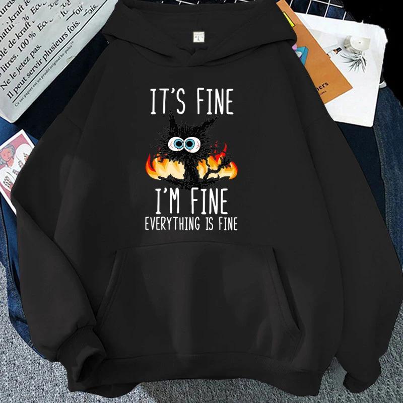 Autumn Winter Hoodie I'm Fine Everything Printed Loose Oversized Looped Round Neck Pullover Hoodies & Sweatshirts Women’s
