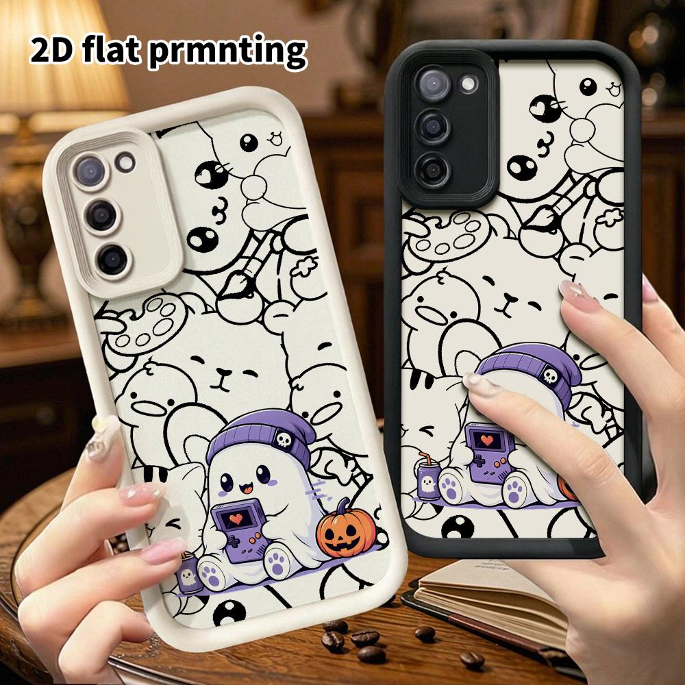 Phone Case: 2D flat, suitable for Samsung Galaxy A34 A35 M05 M06 S20 S22 S21 FE Plus 5G cases, featuring a little ghost playing a handheld console, pe