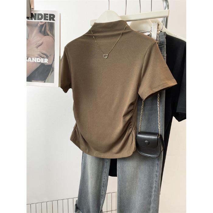 

Специальное предложение в натуральной форме, летняя новинка, женская укороченная футболка с коротким рукавом и полуворотником, дизайн со складками, приталенная, короткая, модная S