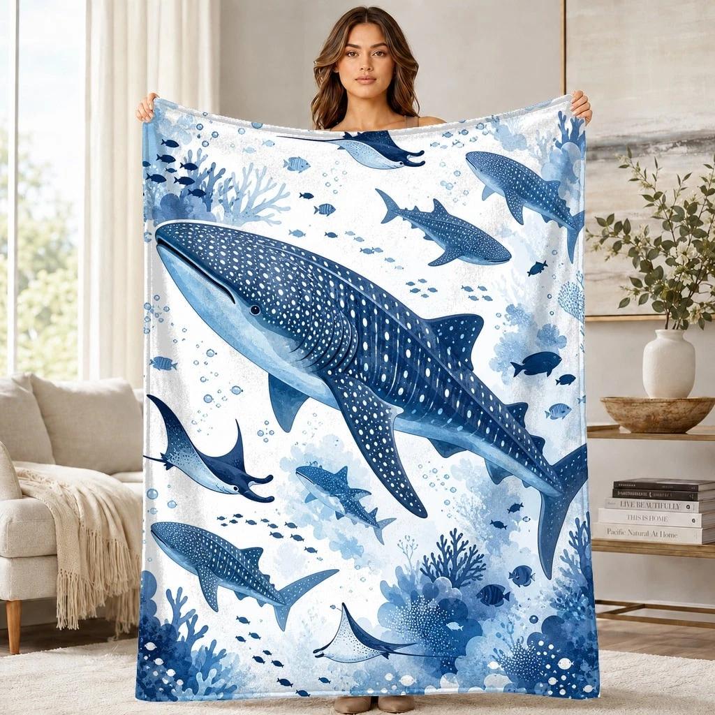 Whale Shark And Manta Coral Fleece Blanket Ocean Wildlife Decor