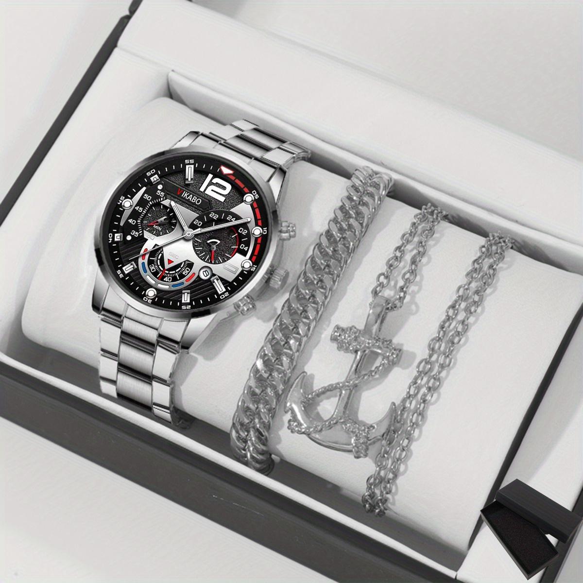 

Набор из 3 предметов, модные мужские деловые часы с датой, мужские повседневные кварцевые наручные часы из нержавеющей стали, мужские золотые наручные часы с ожерельем и браслетом