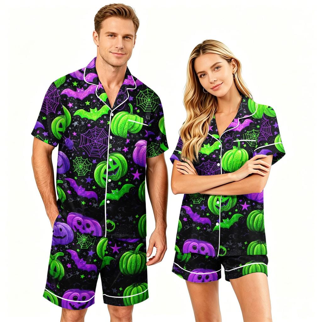 Couples Halloween Pajama Set Short Sleeve Button Down Shirt and Shorts Pajamas Soft Casual Sleepwear S To XXXXL Matching Loungewear