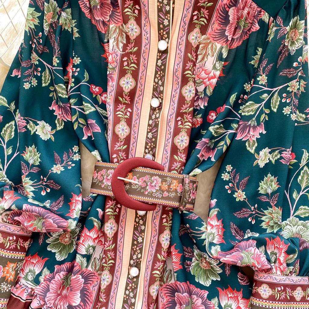 Women's Summer Dress Vintage Designer Print Mini Dresses Stand Collar Single Breasted Party Shirt Dress with Belt