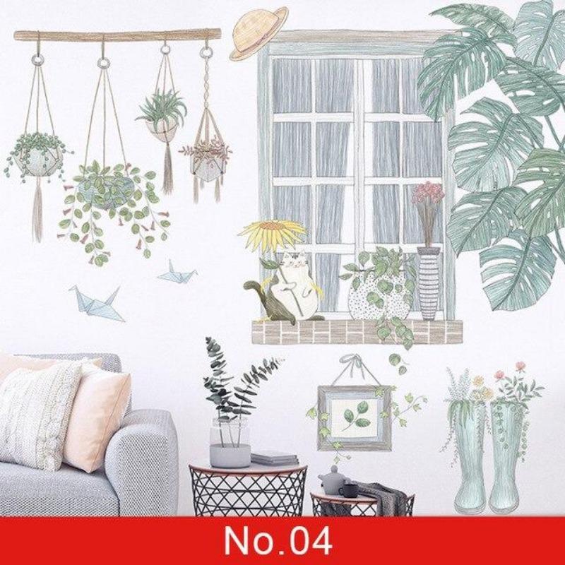 24 Styles Wall Stickers Decorated Tropical Green Leave Nordic Fresh Living Room Bedroom Stickers Plant Flowers Wall Decorations