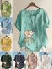 Women's Fashion Love Feather Print Casual Cotton Linen Short Sleeve Round Neck T-shirt Shirt Leisure Loose Summer Blouse Tops