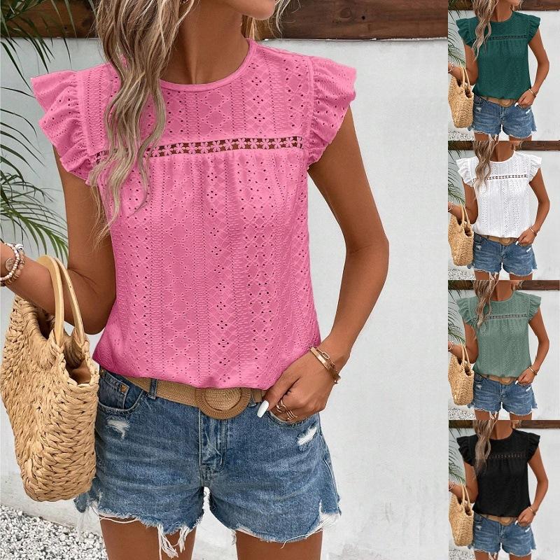 Summer Women's New Round-neck Lace Solid Color Ruffle Short-sleeve Top Casual T-shirt